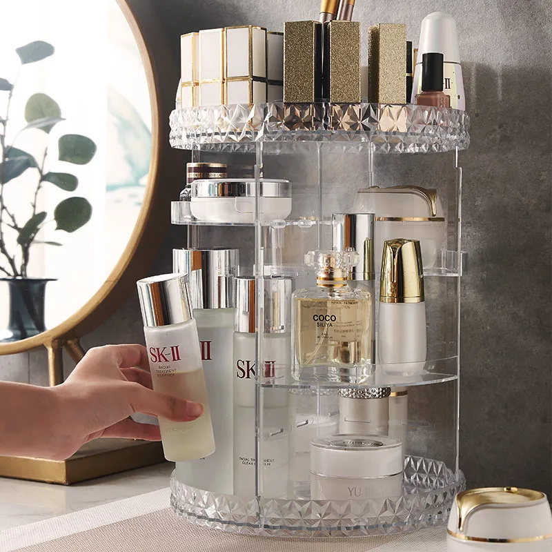 360 degree rotating transparent cosmetic storage box, desktop dressing table, skincare products, lipstick brushes, storage rack