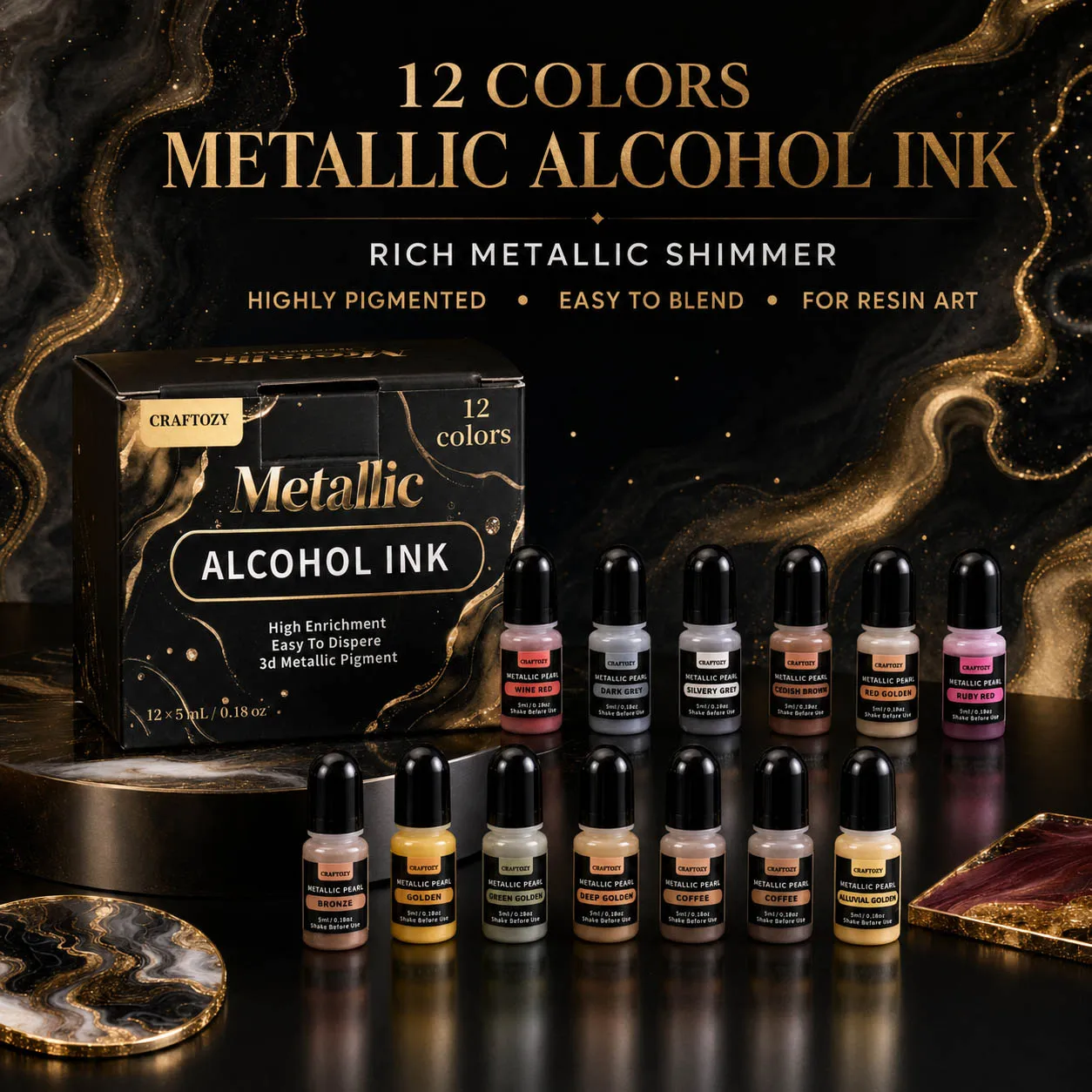 CRAFTOZY 12 Colors Metallic Alcohol Ink 5ml Each, 3D Metallic Pigment for Resin Art Fluid Painting DIY Crafts,,resin pigment
