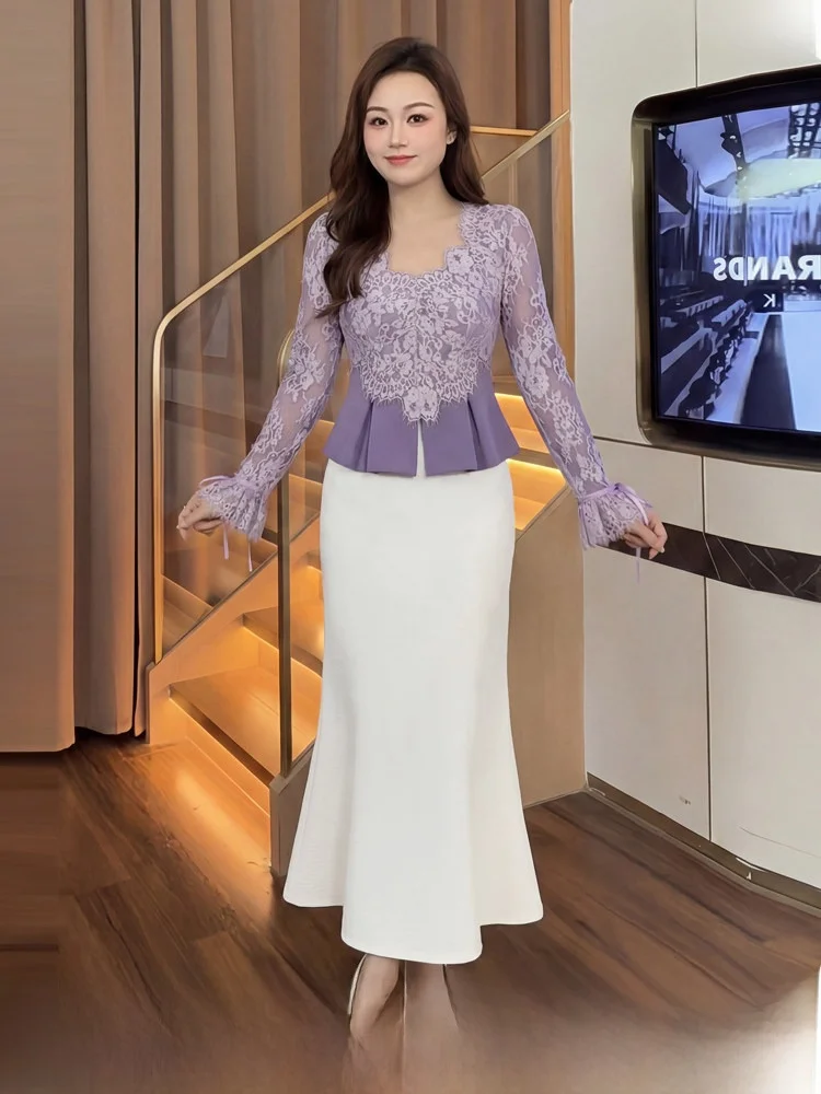 

Комплект из кружевного топа и юбки больших размеров для женщин: модная новинка весеннего сезона, юбка А-силуэта с высокой талией, V-образный вырез, длинный рукав