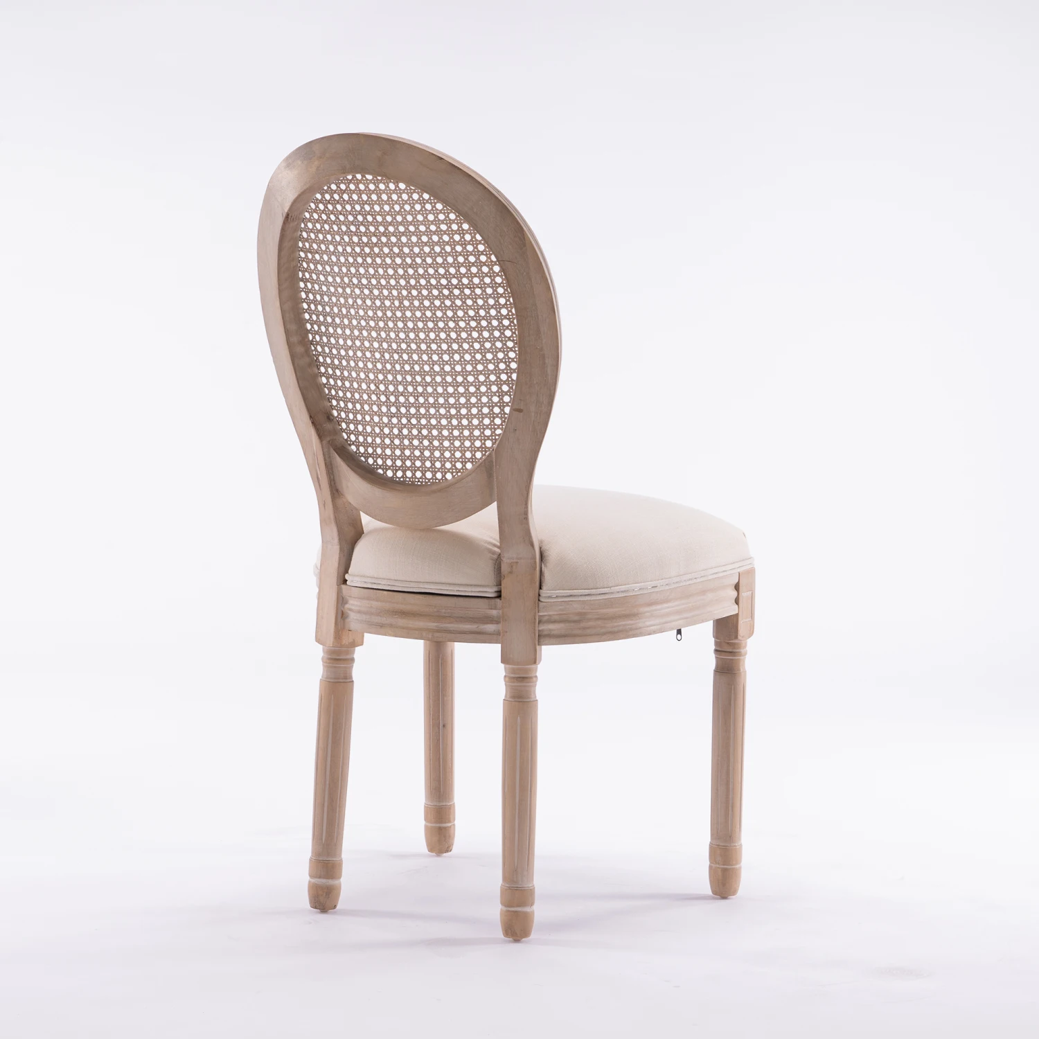 French Style Solid Wood Frame Linen Fabric Rattan Back Dining Chair, Cream, Set of 2