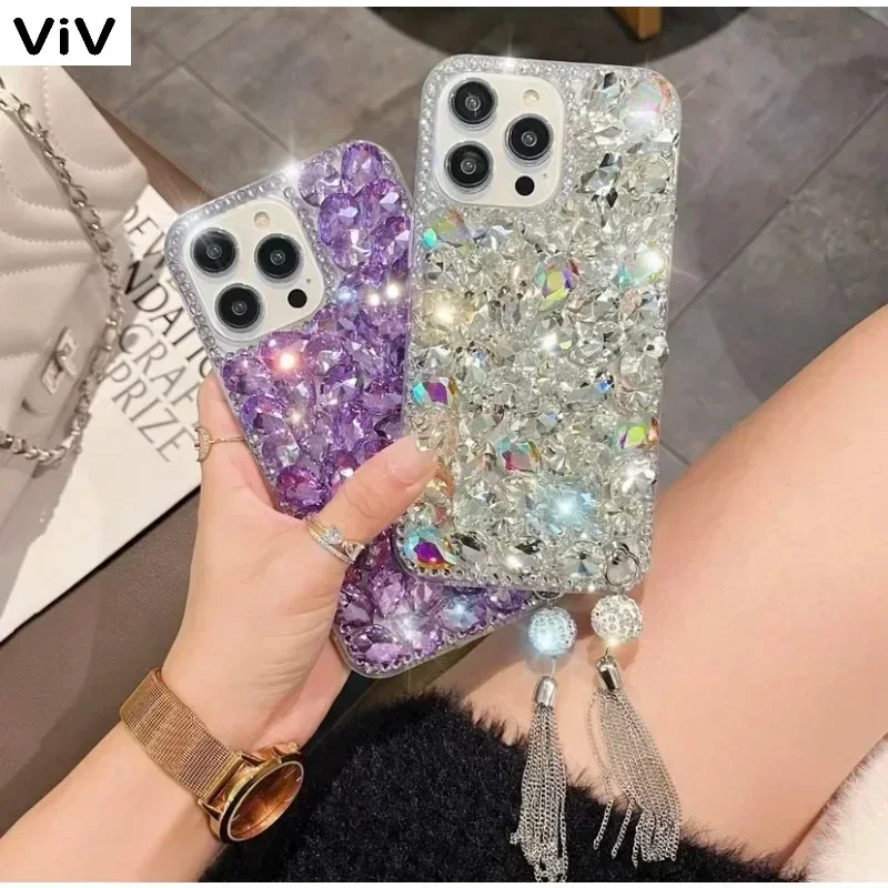 Luxury Shiny Glitter Purple Rhinestone Tassel Pendant Case For Samsung Galaxy S24 S20Plus S21 S22 23Ultra Note20 10 Back Cover