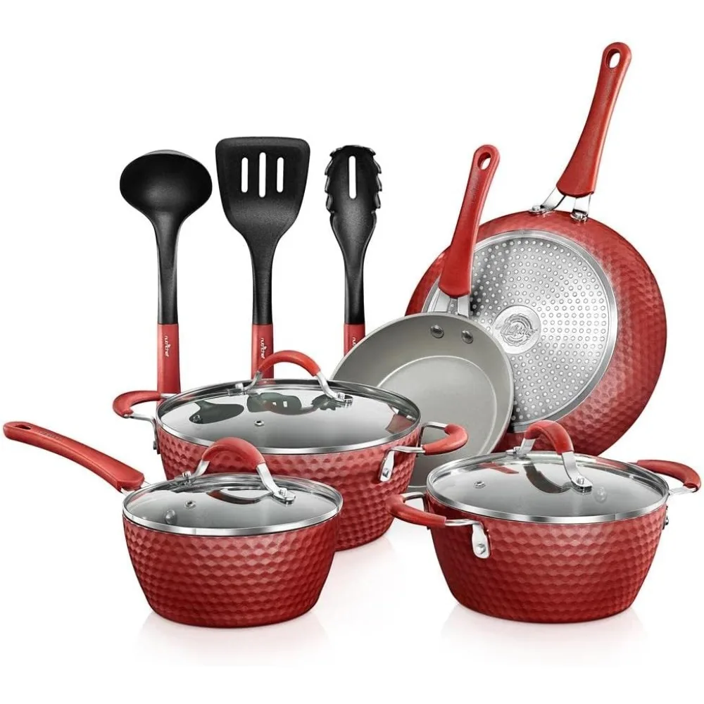 

Kitchenware Pots & Pans-11 Pcs. Stylish Kitchen Cookware Set w/Elegant Diamond Pattern, Gray Inside & Red Outside