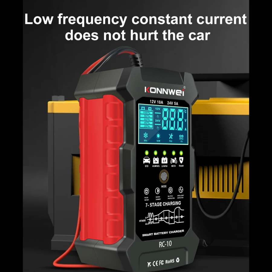 Konnwei RC-10 12V 10A & 24V 5A Battery Charger Battery Pulse Repair Tool for Lead-acid Automotive, Marine, Deep-cycle Batteries