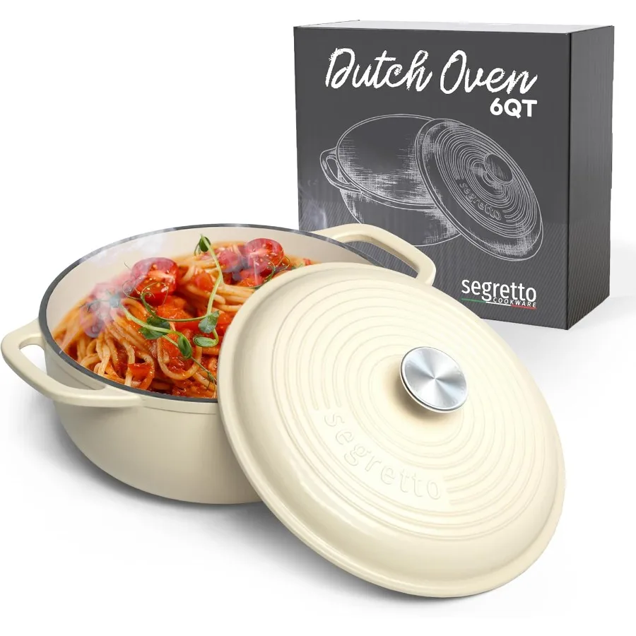 

Enameled Cast Iron Dutch Oven 6 Quarts in White for Stovetop to Oven Cooking Ideal for Soups Stews and Braising with Even Heat