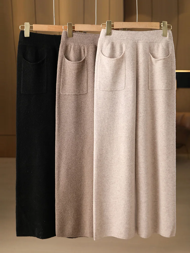 新しい Women100% メリノウールニットワイドレッグパンツポケットデザイン秋冬ベーシックソフト暖かいカシミヤニットズボンカジュアルスタイル
