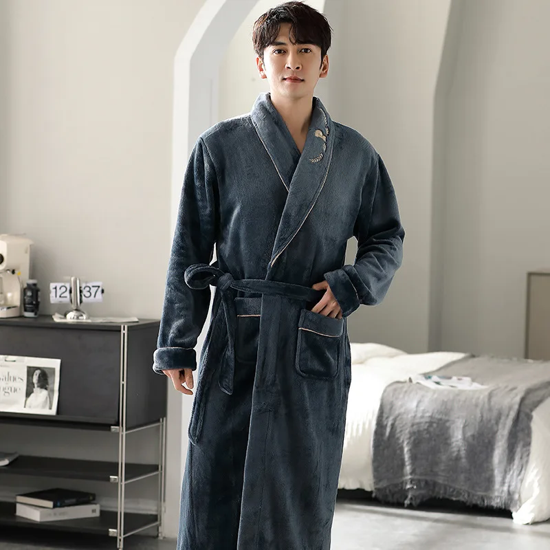 

Winter New Light Luxury Kimono Fashion Free Shipping Nightgown Men Thickened Bathrobe Long Coral Fleece Pajamas Home Clothing