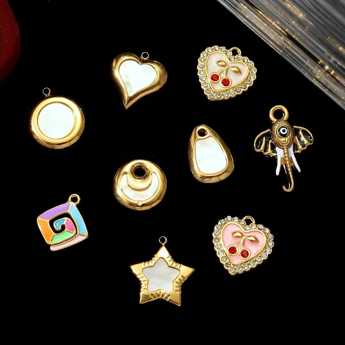 3 قطعة/الوحدة الفرنسية الرجعية الفولاذ المقاوم للصدأ القلب الكرز قلادة قلادة حجر الراين ستار الفيل DIY سحر النساء قذيفة القمر مجوهرات