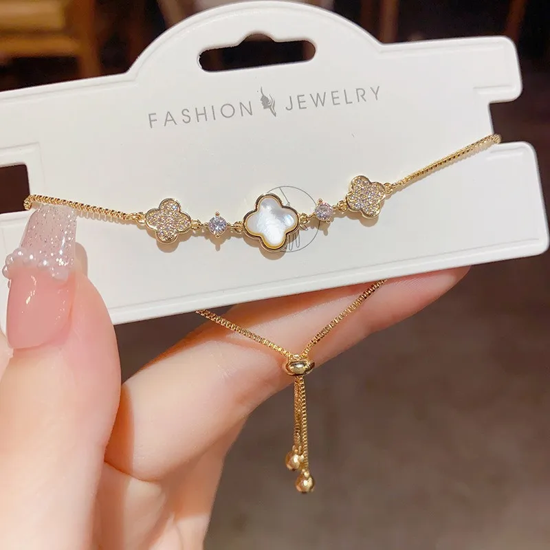 

White Mother of Pearl Gemstones Diamonds Exquisite Four Leaves Clover Chain Bracelets For Women Charms Flowers Pure Silver Gifts