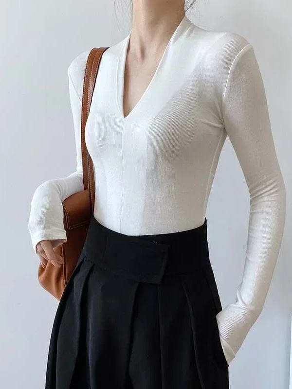 V-neck Slim Shirts Long Sleeve Top Beautiful Women's Elegant Blouses Solid Sexy Camisole Spring Blouses for Women Fashion 2026 view 3