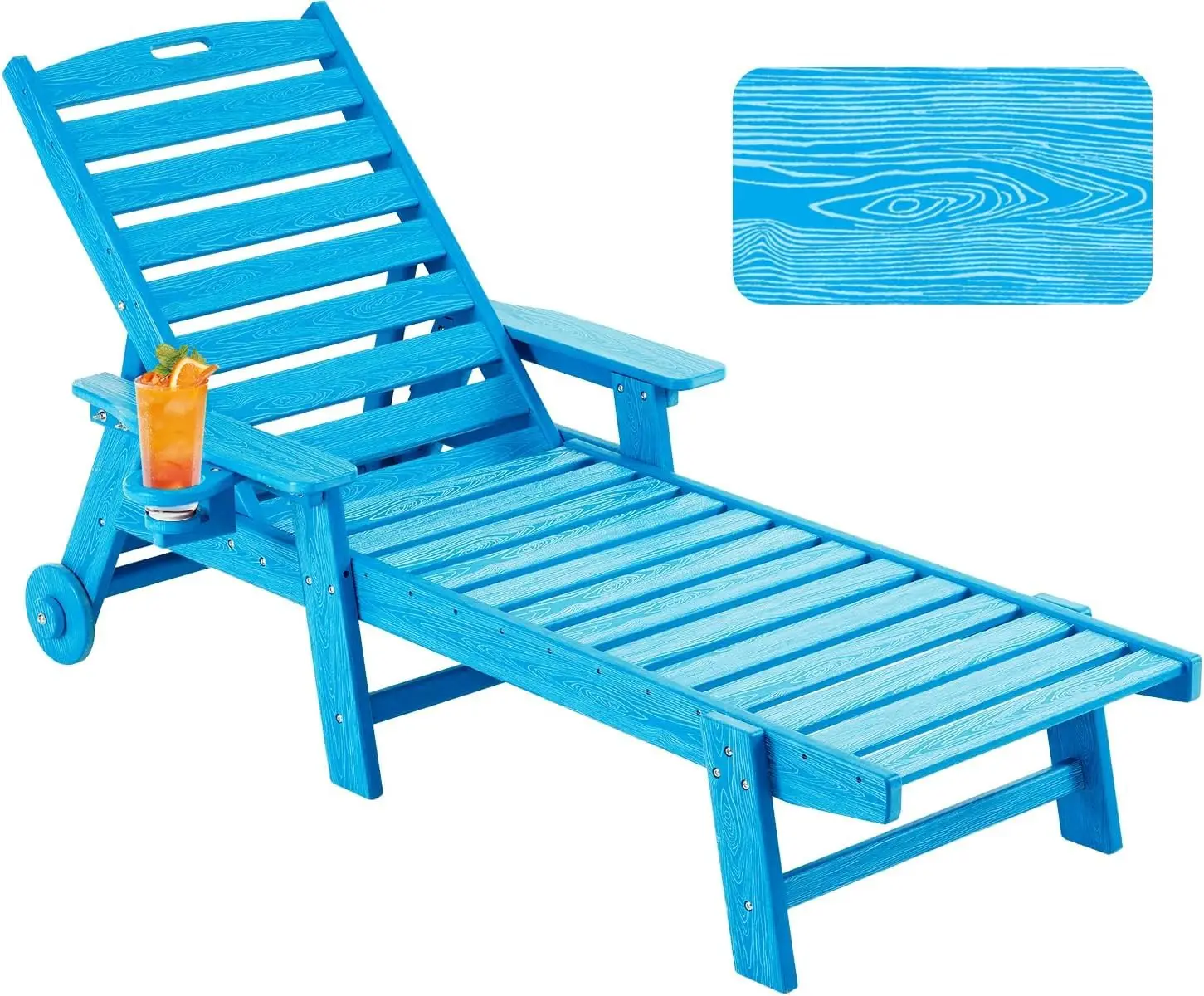 Oversize Patio Chaise Lounge with Wheels, Wood Texture  6-Position Adjustable Poolside Deck Beach Chair, Customized