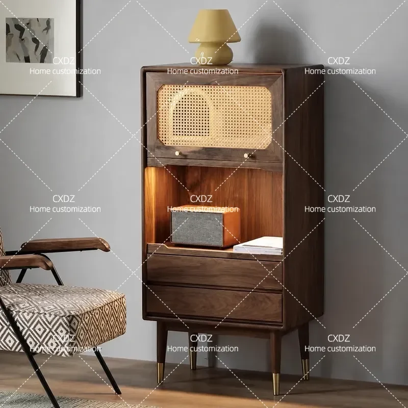 Japanese-style retro rattan cabinet, walnut-colored low cabinet, Nordic simple solid wood chest cabinet, living room drawer
