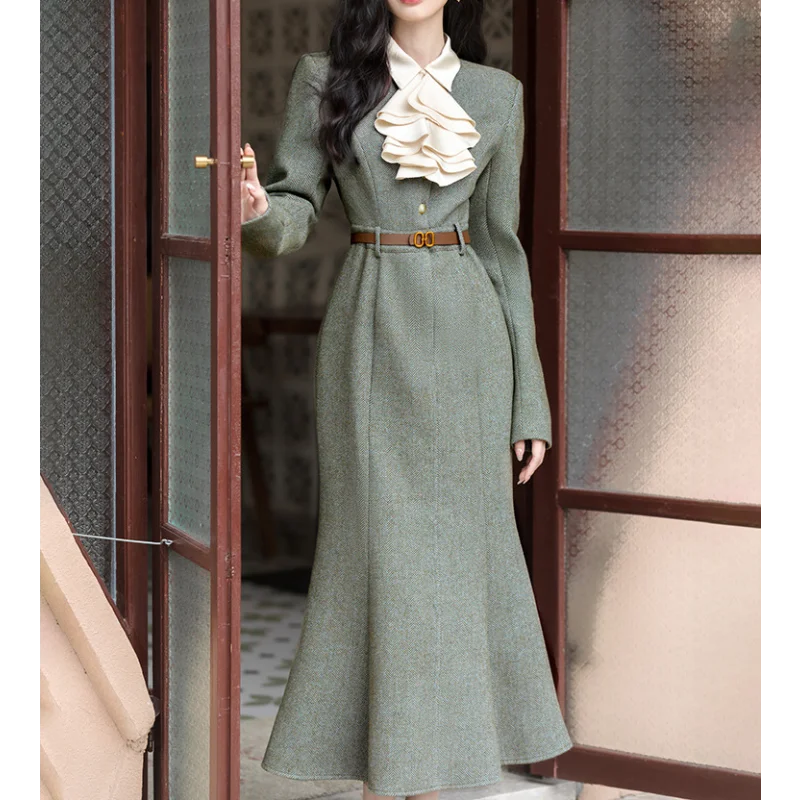 

French Small Fragrant Fishtail Dress Female Autumn Winter New Vintage Ruffled Fashion Elegant Temperament Slim Women Dresses