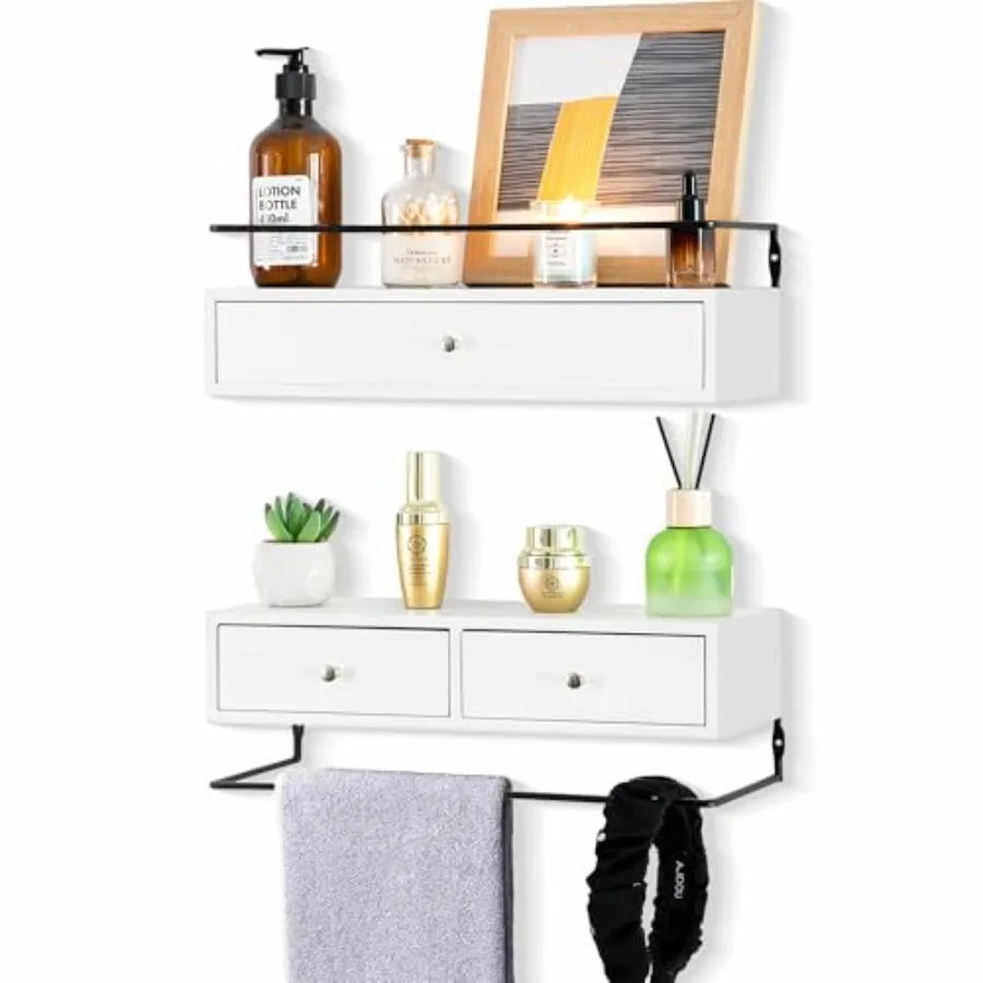

Floating Shelves for Wall Storage - Wall Mounted Bathroom Shelf Set of 2 with Drawers, Rustic Wood Shelves for Bedroom, Living