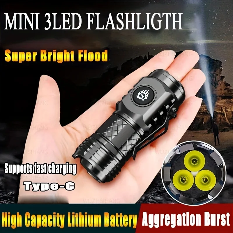 Super Bright 3 LED Flashlight Mini High Lumen Type-C USB Fast Charging Flashlights Outdoor Waterproof Torch Emegency Lights