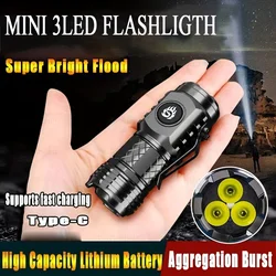 Super Bright 3 Lanterna LED, Mini High Lumen, Tipo-C USB, Carregamento Rápido, Exterior, Impermeável, Tocha, Luzes de Emergência