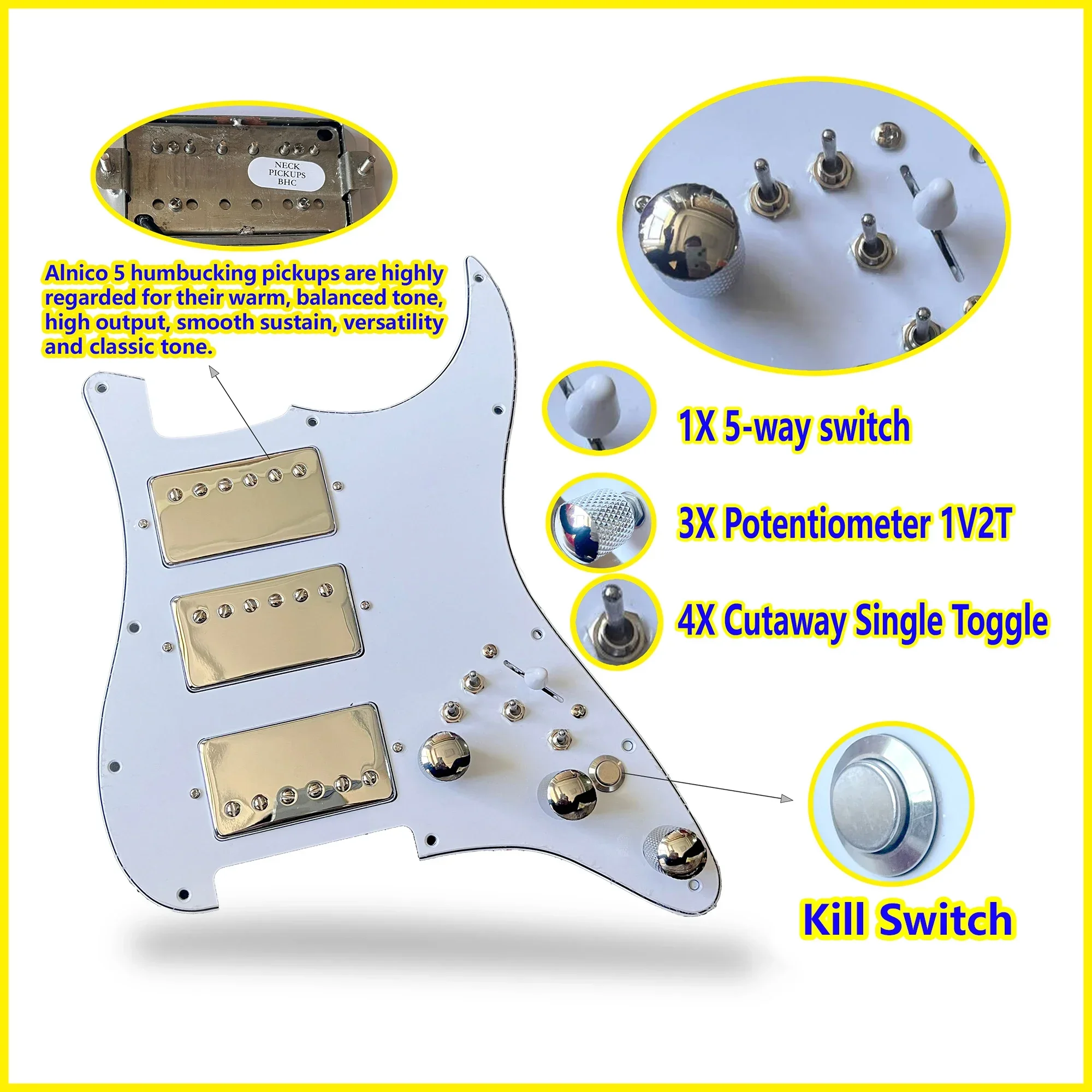 HHH Vorverdrahtetes Gitarren-St-Schlagbrett-Set, mit Kill-Schalter, Chromgehäuse, Alnico 5, Humbucker-Tonabnehmer für FD ST E-Gitarre