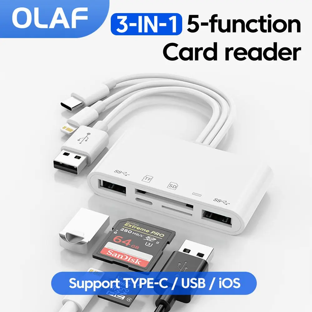 

5 In 1 Card Reader USB2.0 SD TF Memory Card Reader Adapter to Type C/Lightning/USB Card Reader For iPhone MacBook PC Accessories