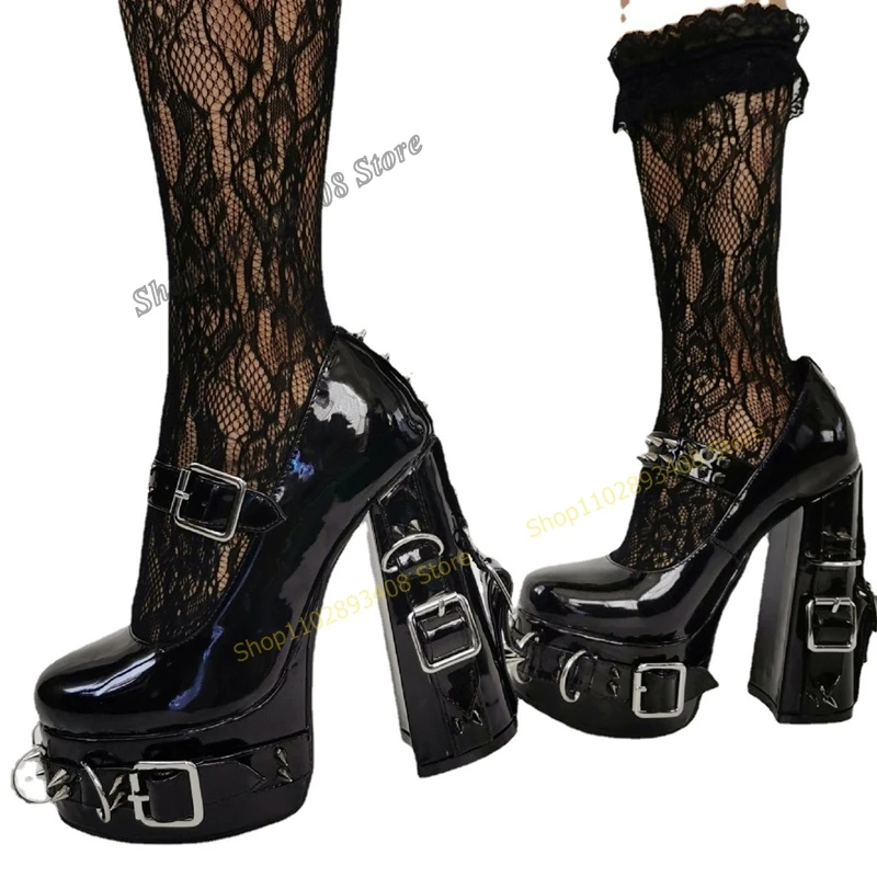 

Black Color Rivet Ring Platform Pumps Patent Leather Buckle Strap Chunky Heel Women Shoes 2023 Fashion Sexy Zapatos Para Mujere