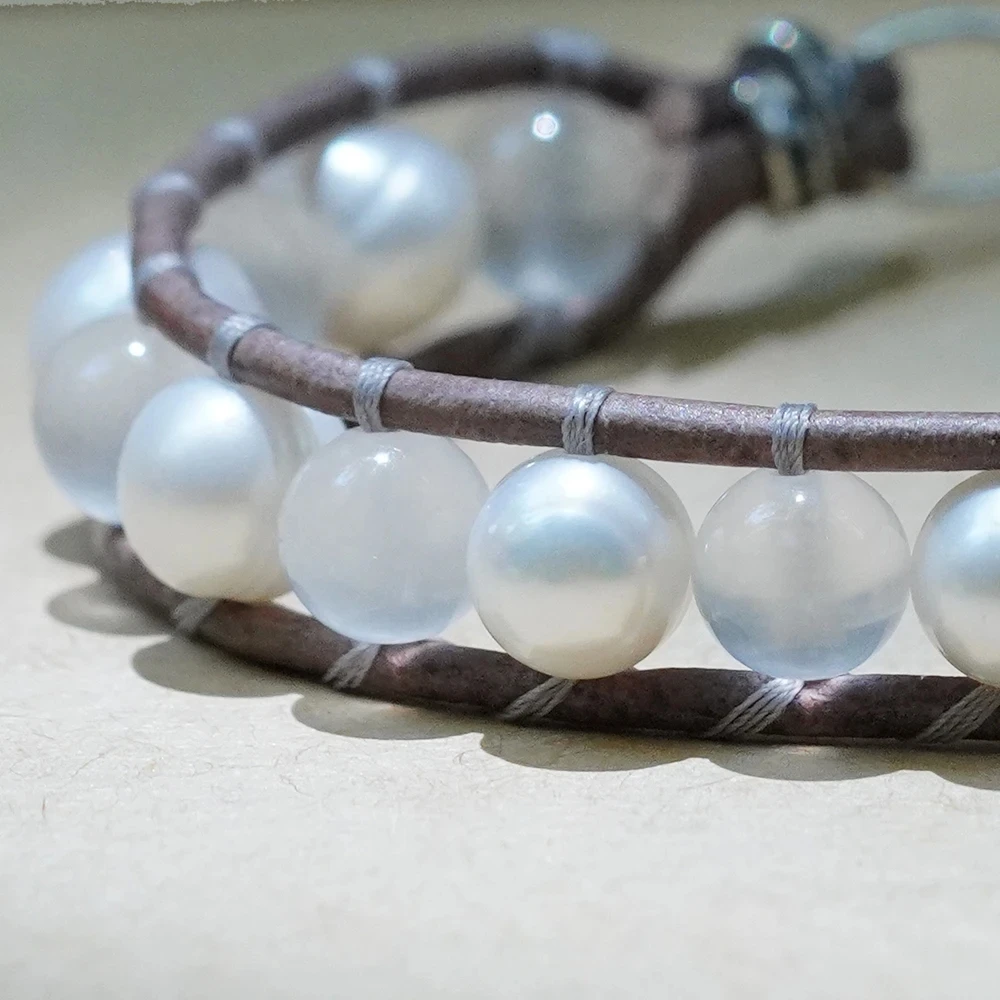 Lotus Mann Bracelet For Wowen Birthday Party Favors Natural Opal and Freshwater Pearl Natural Grey Leather Rope Bracelet