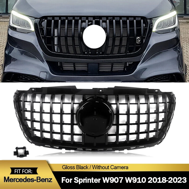 

Front Grille For 2018-2024 Mercedes Benz W907 Sprinter 1500 2500 3500 Gloss Black GT Style Grills Without Camera Hole Magickit