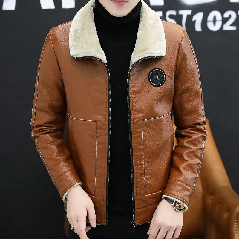 Men's Winter Lapel Motorcycle Leather Jacket Men's Thickened Padded Jacket Winter Coat Fur Collar Plus Velvet Leather Jacket