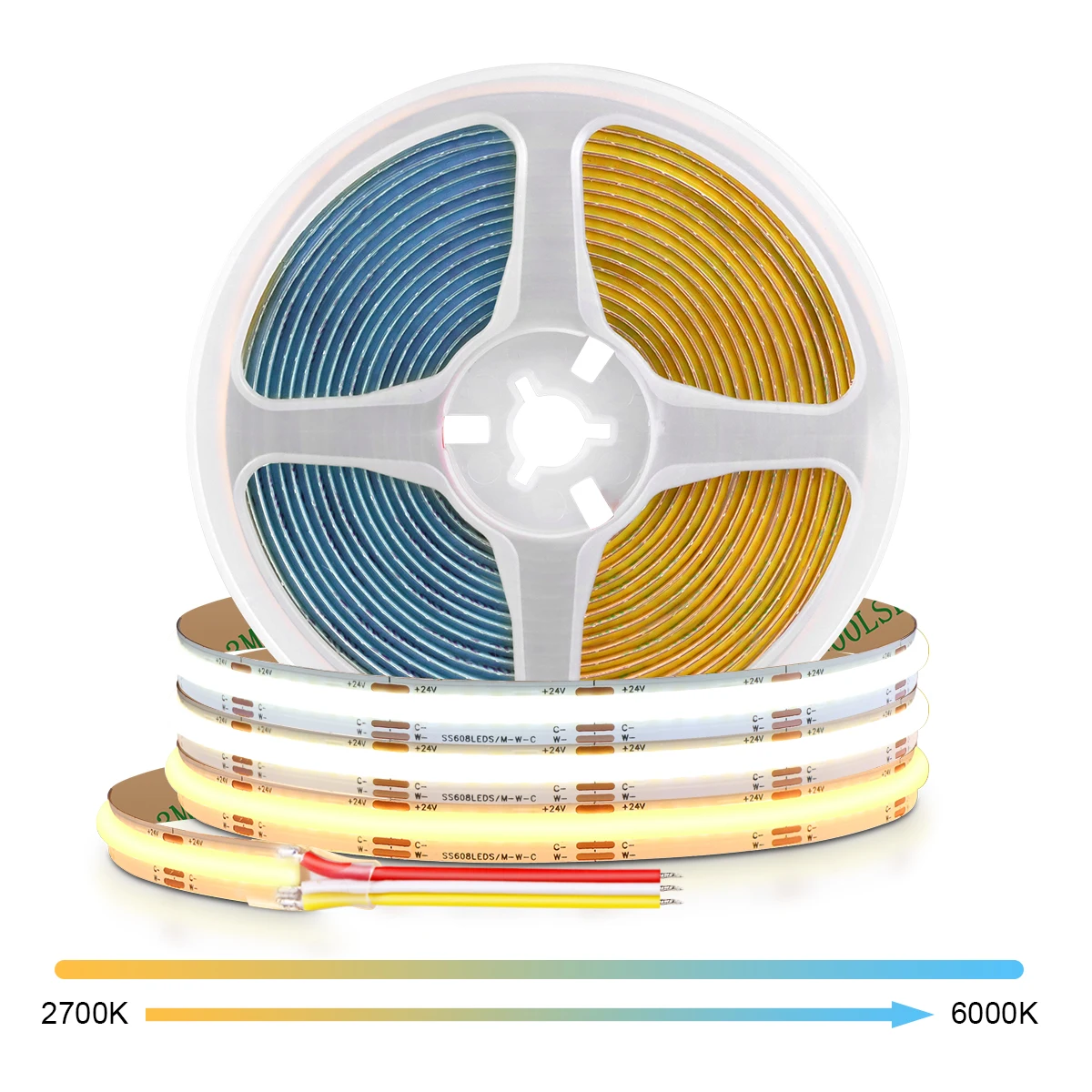 Dual White COB CCT LED Strip Light 2700K a 6500K intercambiabile 608 Led/m flessibile RA90 dimmerabile FOB LED luci lineari DC12V 24V