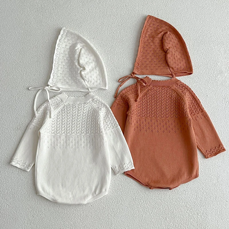 

Вязаный комбинезон для новорожденных от 0 до 2 лет, весенне-осенняя одежда для маленьких девочек и мальчиков, милый свитер с длинными рукавами, комбинезон + шапка, повседневная одежда для новорожденных