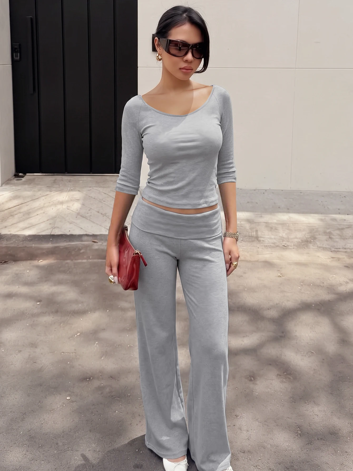 Hugcitar Fashion 2 Piece Sets Solid Long Sleeve Sexy Crop T-Shirt Top Patchwork Wide Leg Pants Women Outfits Streetwear Sports