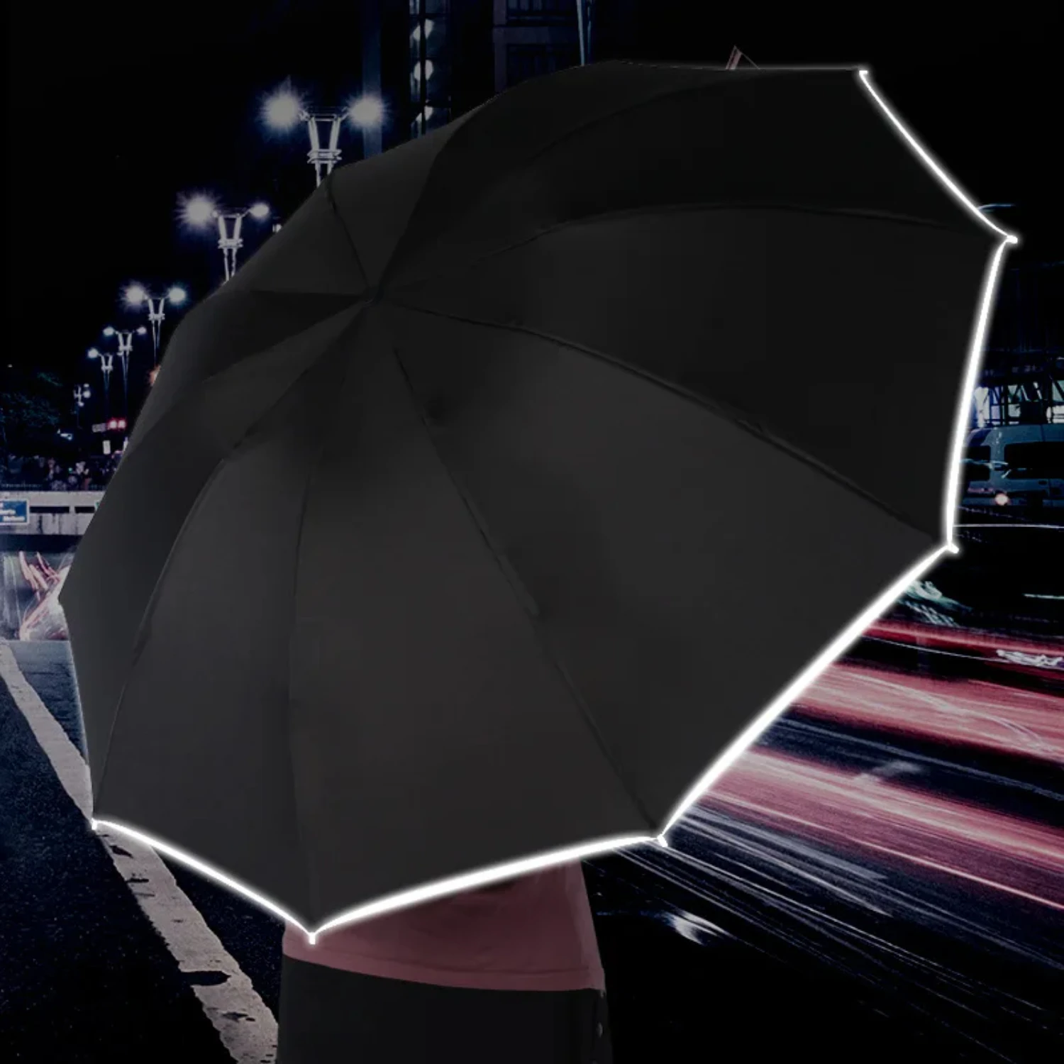 10 Ribs UV Umbrella Women's Automatic Umbrella Male LED Automatic With Reflective Stripe 3-Folding Inverted Umbrellas