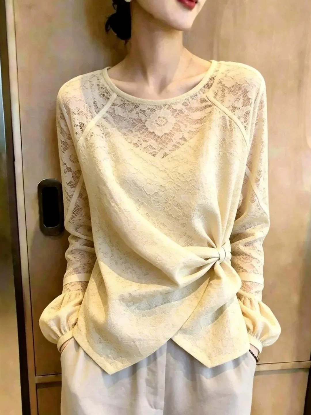 Ruffle Hem Lace Shirt round Neck Long Sleeve Women's Slim Fit Top Waist Knot Soft Style Casual Fashion Spring Autumn 2023