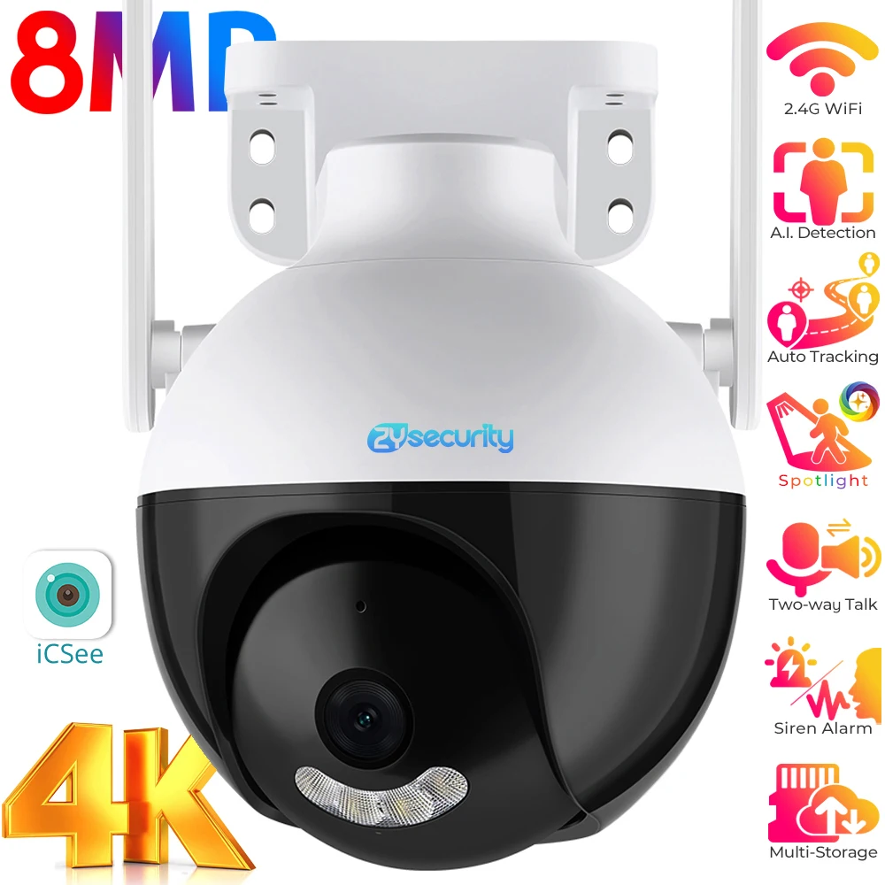 4K 야외 WiFi 보안 카메라 야외 8MP 인간 감지 자동 추적 PTZ IP 카메라 보안 컬러 나이트 비전 양방향 토크 CCTV 감시 카메라 iCSee