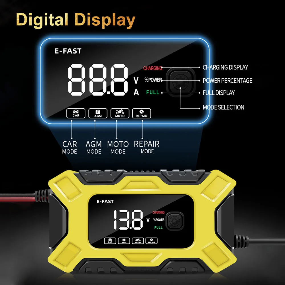 For Lead Acid AMG Battery EU Plug 12V 6A Inteligent Detection Car Battery Chargers 100V/240V Input 96W Pulse Repair