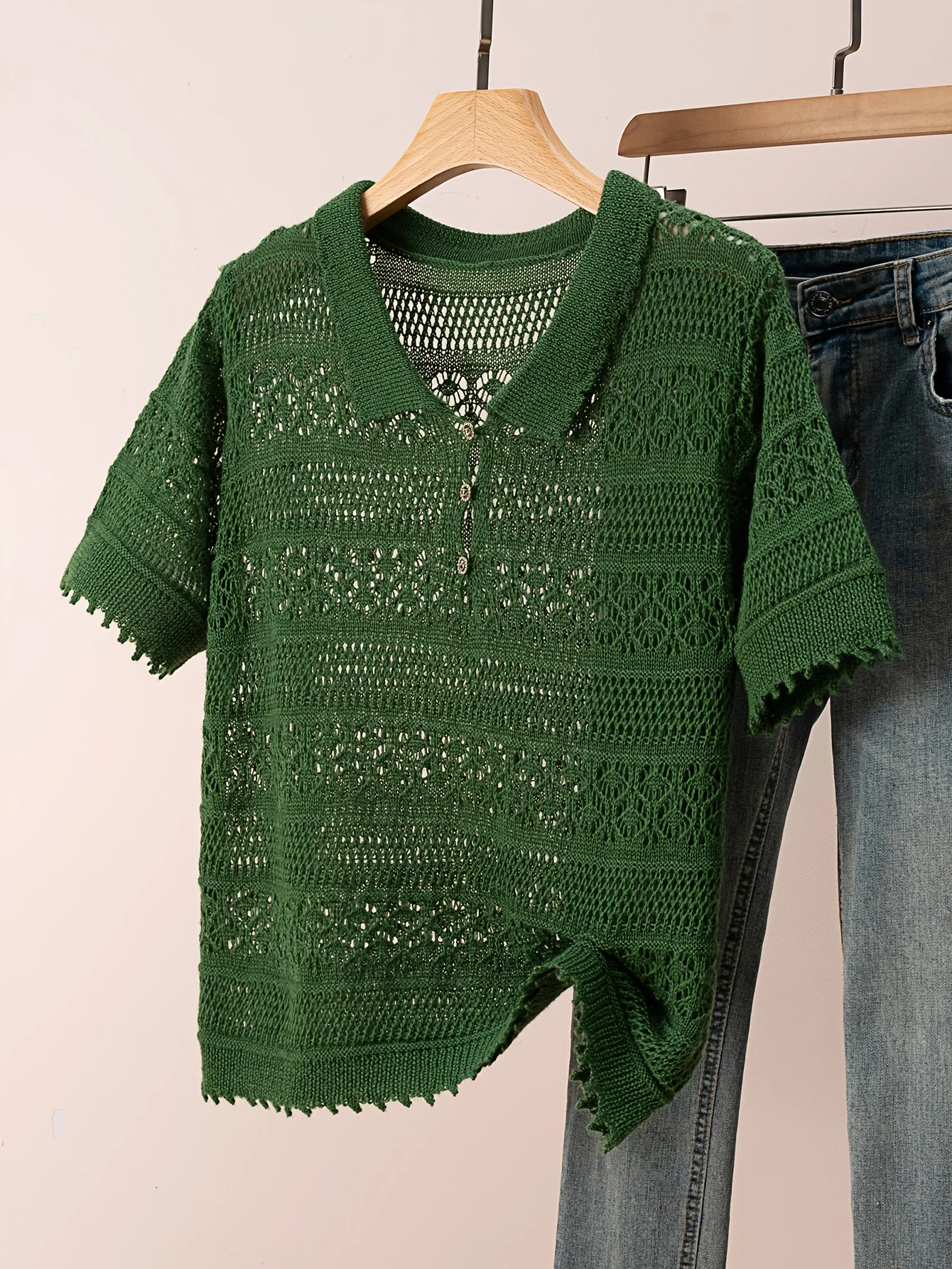 

Women's Summer Hollow Out Crochet Knit Polo Shirt Casual Short Sleeve Breathable Solid Color Button Front Daily Wear Top