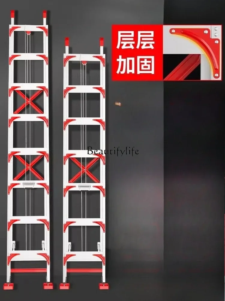 

jj *Aluminum alloy telescopic ladder thickened engineering household single-sided lift straight ladder folding