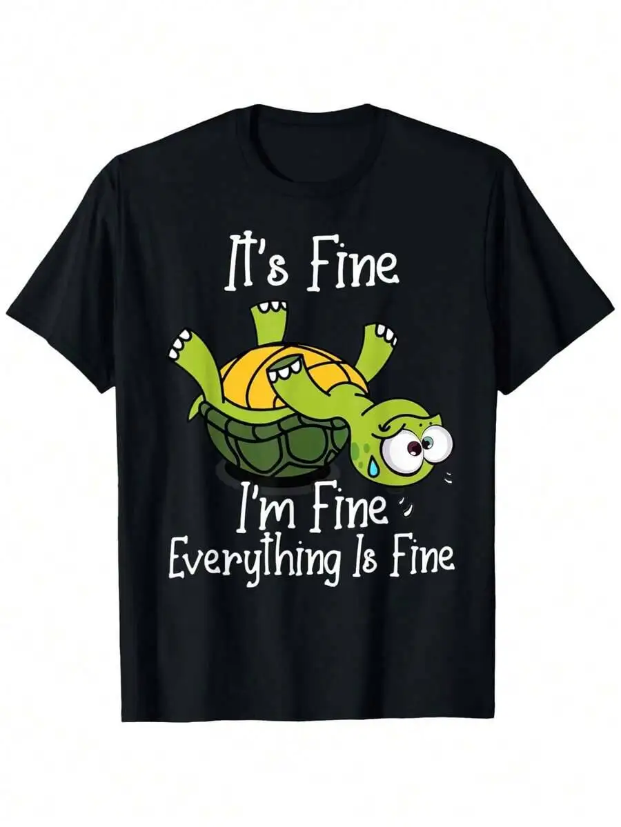 Men's Plus Size "It's It's Okay, No Problem" Turtle Graphic T-Shirt Relaxed Fit Crew Neck Short Sleeve Tee With Cute Design,  100% Cotton Trendy Y2K Short-Sleeve Tee-Soft, Quick-Drying, Moisture-Wicking, Great Gift for Christmas or Halloween.
