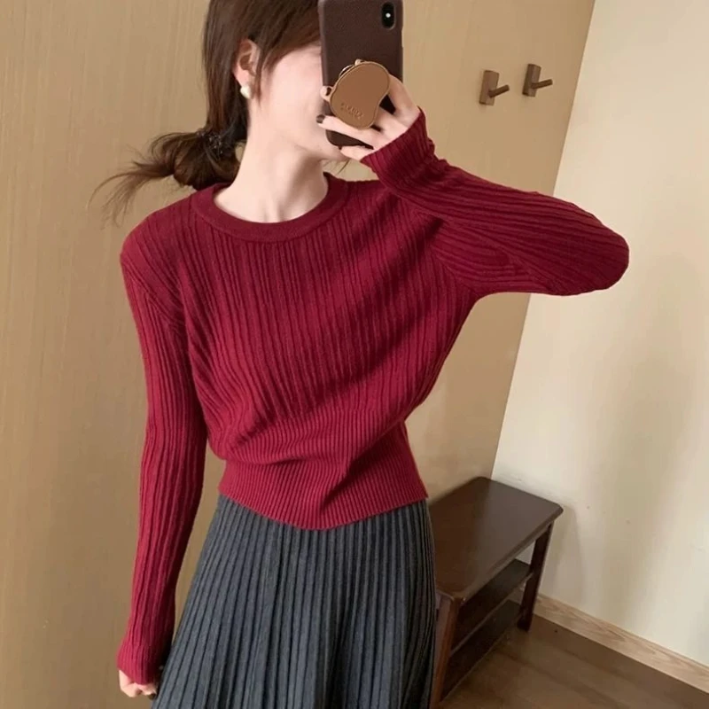 O ネック長袖固体韓国ショートセーター春秋の新シンプルさ甘いプルオーバートップファッションカジュアル女性服