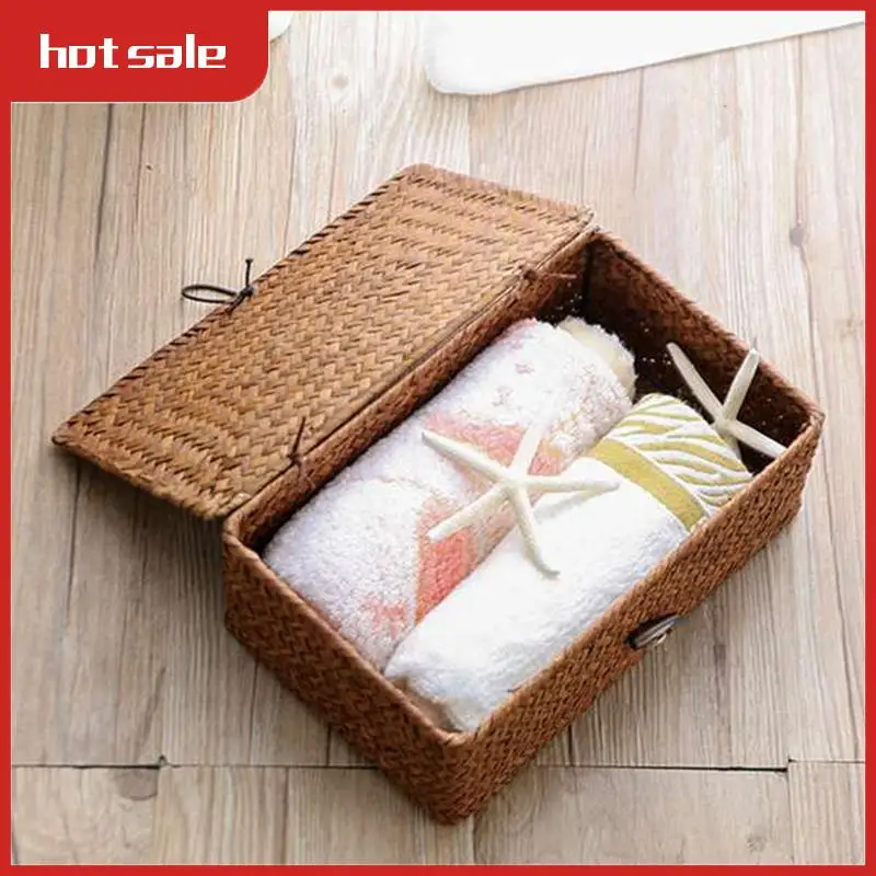 

A21I-Woven Straw Storage Bins With Lid - Set Of 4 - Rectangular Seagrass Basket/Storage Basket For Shelf Organizer