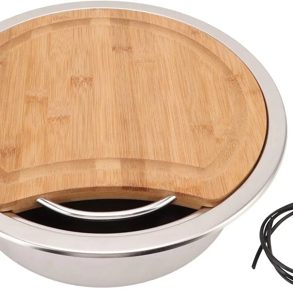 x120mm/14.17x4.72in RV 304 Stainless Steel Sink Round Hand Wash Basin Sink with Bamboo Chopping Block for Boat
