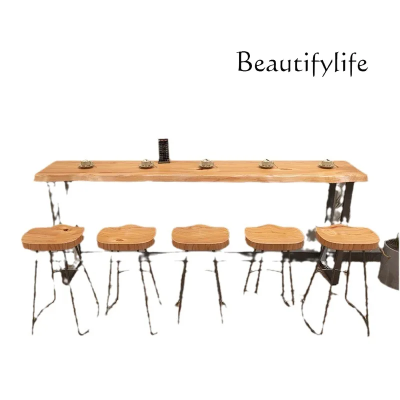 Solid Wood Bar Counter Wall Long Table Bar Home High-Leg Balcony Occasional Table and Chair Combination