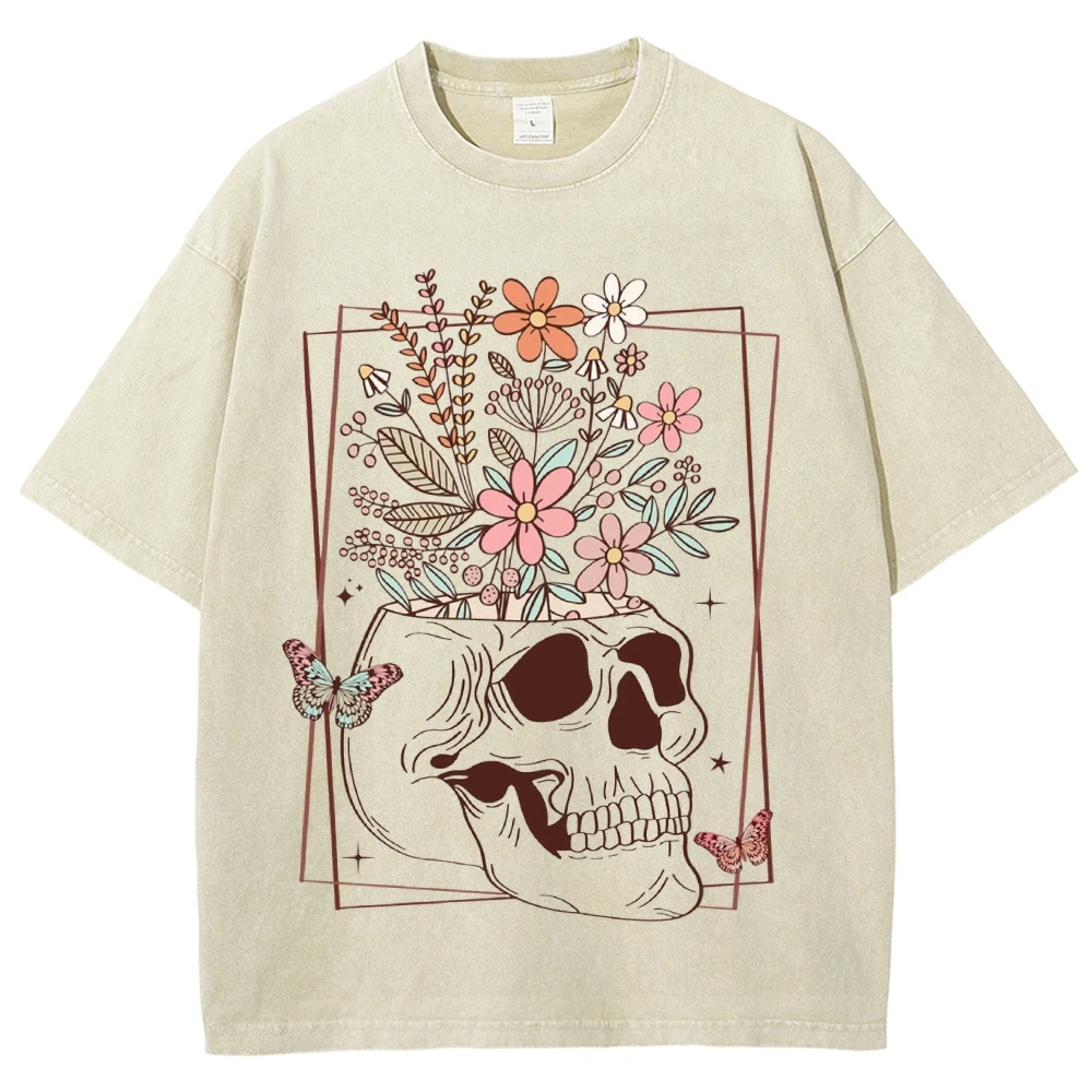 

Boho Floral Skull Shirt Flowers Skull T-Shirt Skeleton Shirt Womens y2k Graphic Tee Wildflowers Skull Shirt Halloween Party Tee