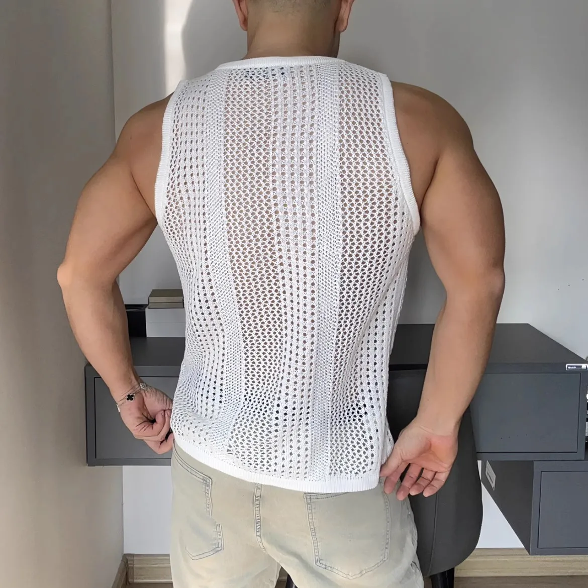 Black White Men's Loose Sexy Breathable Large Mesh Hollow Out Sports Sleeveless Vest Fitness Knitted Fabric Fashion Casual Tops