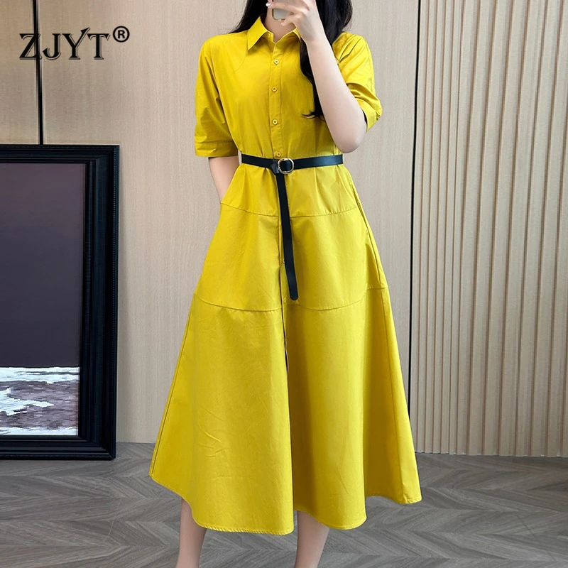 

ZJYT High Street Fashion Cotton Loose Shirt Dress Women Summer Short Sleeve Single Breasted Belted Casual Midi Dress Yellow