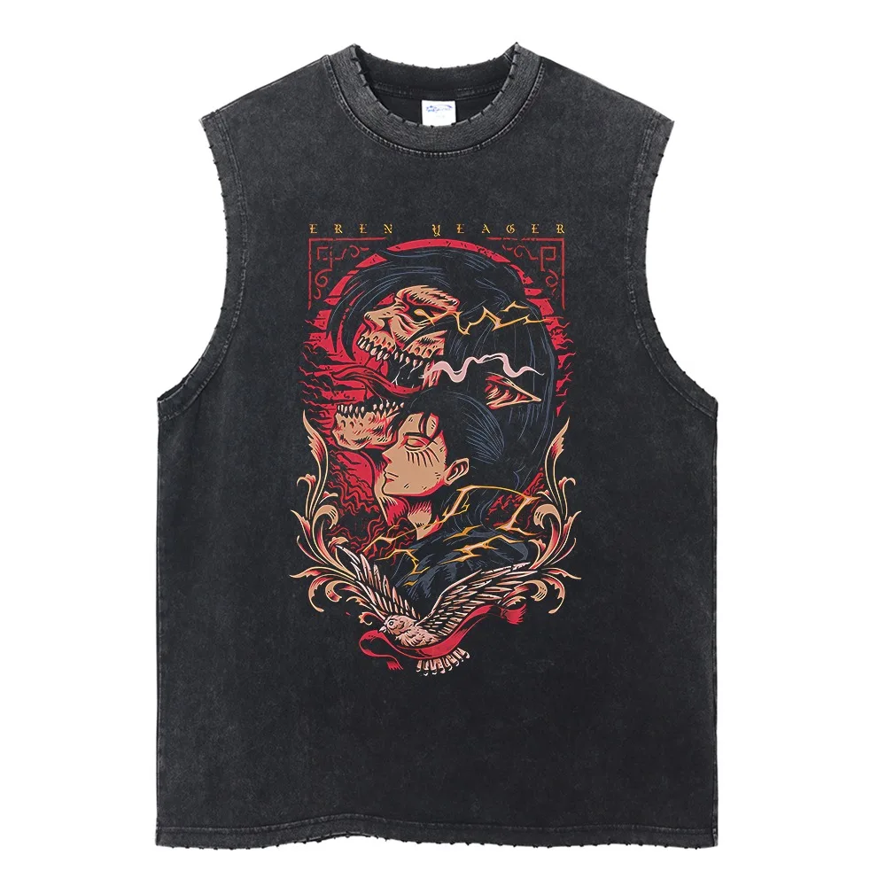 New Attack on Titan Men's Gym Vest Summer Y2k Washed Vintage Print Tank Tops Women's Casual Sleeveless Shirts Streetwear view 3