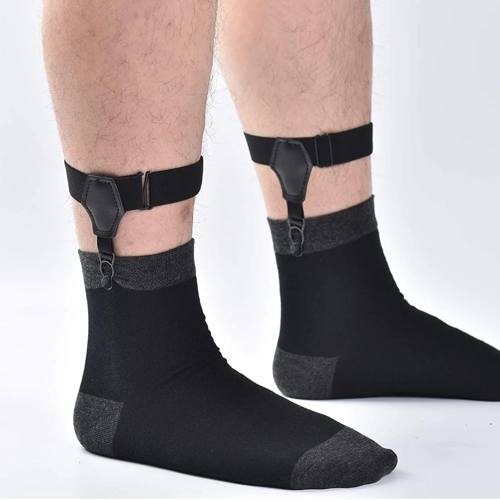 2pcs Black Sock Garters Belt for Men Women Thick Thin Socks Adjustable Elastic Non-Slip Clips Suspenders Braces Holders Hold-Up