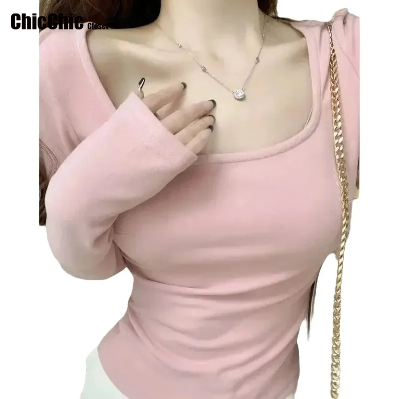 

Женская футболка с квадратным вырезом и длинным рукавом, женская осенняя тонкая повседневная футболка, зимние рубашки с однотонным низом, корейская весенняя одежда 2026 г.