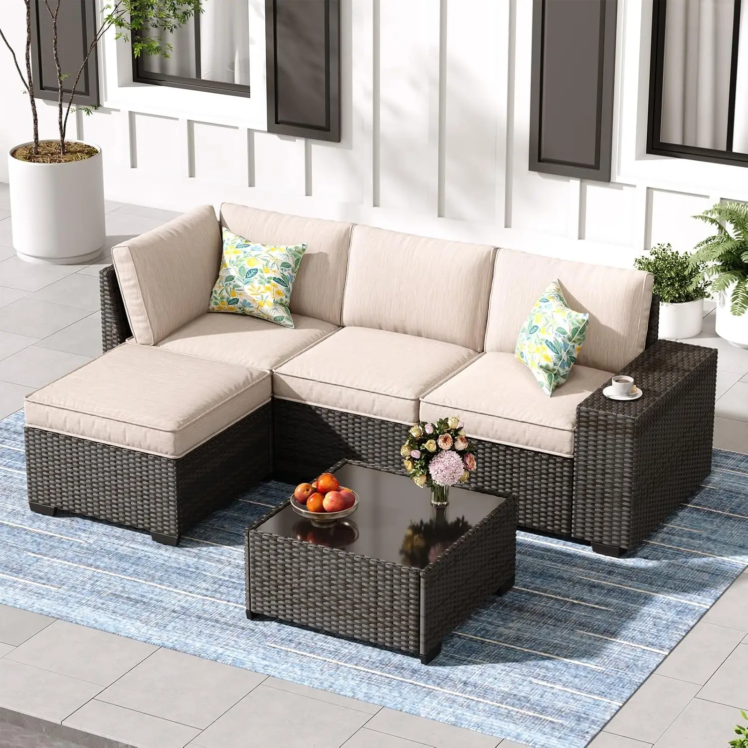 5-Piece Patio Furniture Set, All-Weather Outdoor Wicker Sectional Sofa with Cushions, Tempered Glass Table, Customized