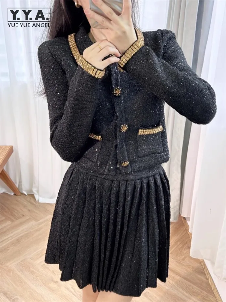 

New Spring Autumn Sweet Ladies Slim Fit Sequinned Knitted Short Jacket Elastic Waist Pleated Skirt Fashion Women Two Piece Set