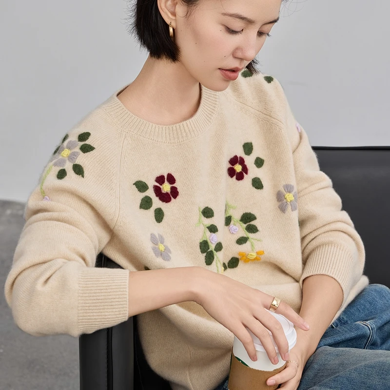 

Kangsent High-End Women's Cashmere Sweater 100% Pure Cashmere Heavy Embroidery round Neck Handmade Winter New Arrival