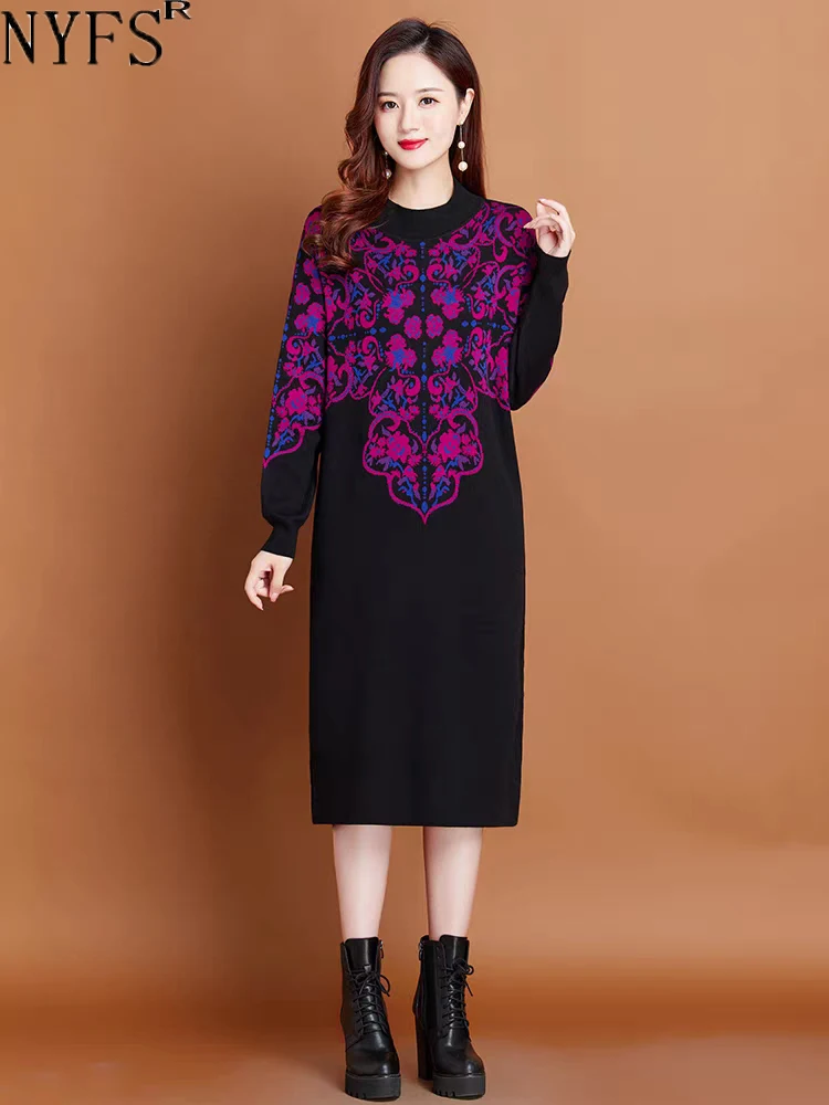 

NYFS 2023 Winter New Vintage Women Sweater Dress Vestidos Robe Elbise Loose Plus Size Long Sleeve Half High Collar Knit Dresses