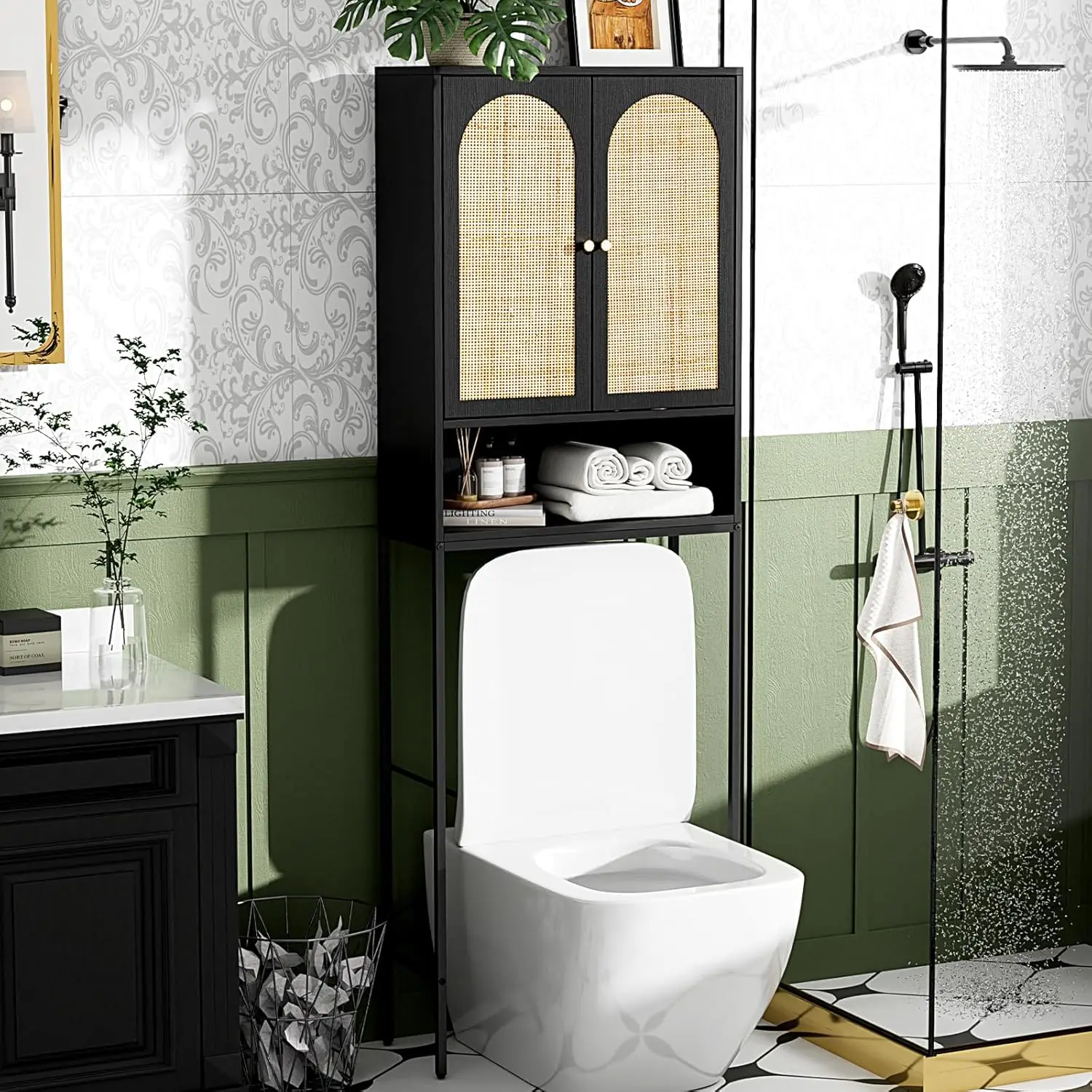 

Over The Toilet Storage Cabinet, Black Rattan Bathroom Organizer Over Toilet with Adjustable Shelf, Freestanding Space Saver